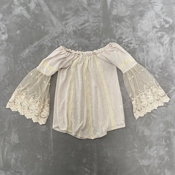 American Rag Tops - American Rag Boho Off-The-Shoulder Lace Bell Sleeve‎ Oat Color Top Size S